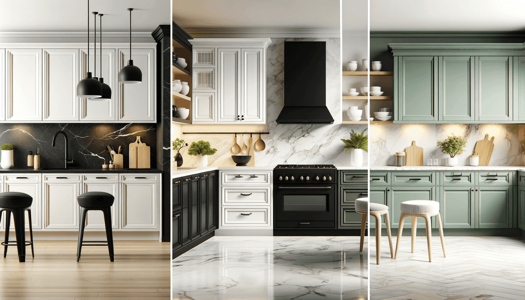 DALL·E 2023-12-13 09.40.50 - Three different kitchen designs side by side for a landing page about kitchen color schemes. On the left, a kitchen with matte black cabinetry, black .png